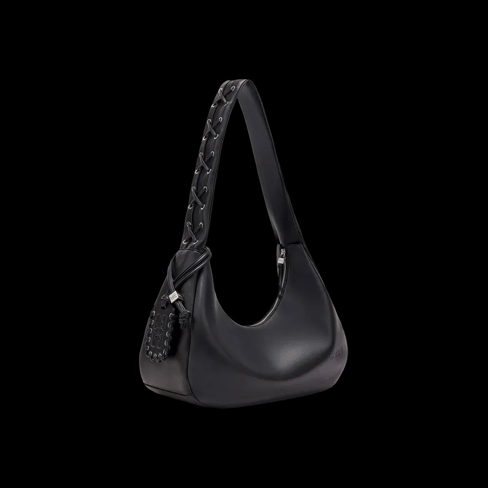 Ganni Black Medium Laces Hobo Bag - HypeFly India View 2