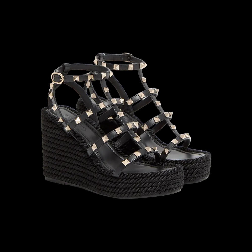 Valentino Rockstud Ankle Strap Wedge Sandal In Calfskin Leather 95mm Black - HypeFly India View 3