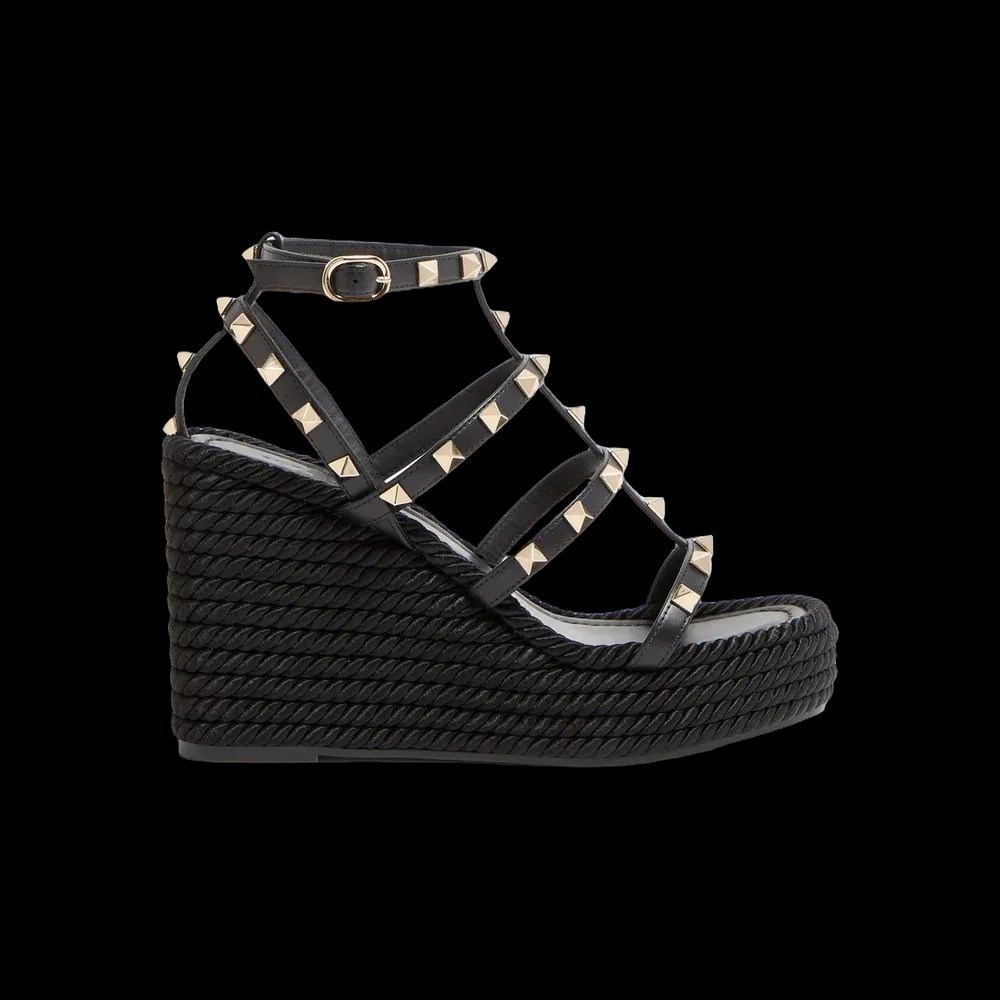 Valentino Rockstud Ankle Strap Wedge Sandal In Calfskin Leather 95mm Black - HypeFly India View 1