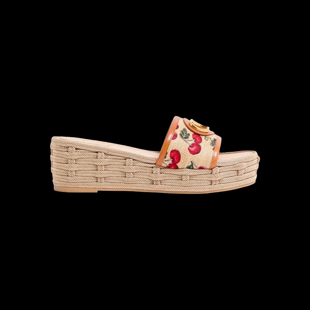Valentino VLogo Signature Flatform Sandal In Jacquard Raffia With Cherryfic Motif 60mm Natural - HypeFly India View 1