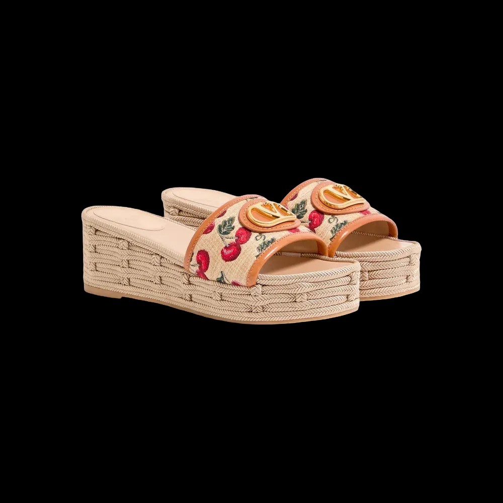 Valentino VLogo Signature Flatform Sandal In Jacquard Raffia With Cherryfic Motif 60mm Natural - HypeFly India View 3