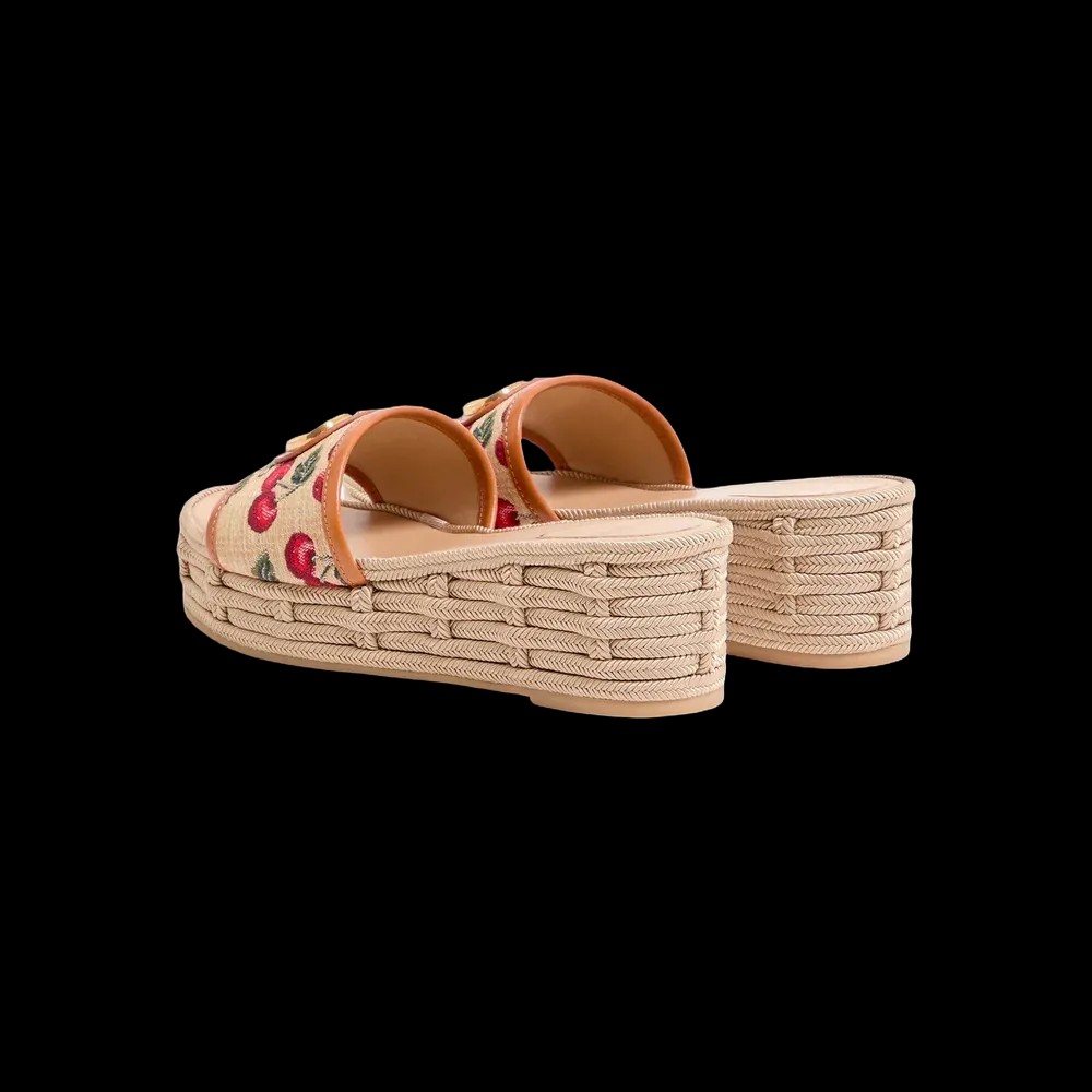 Valentino VLogo Signature Flatform Sandal In Jacquard Raffia With Cherryfic Motif 60mm Natural - HypeFly India View 4