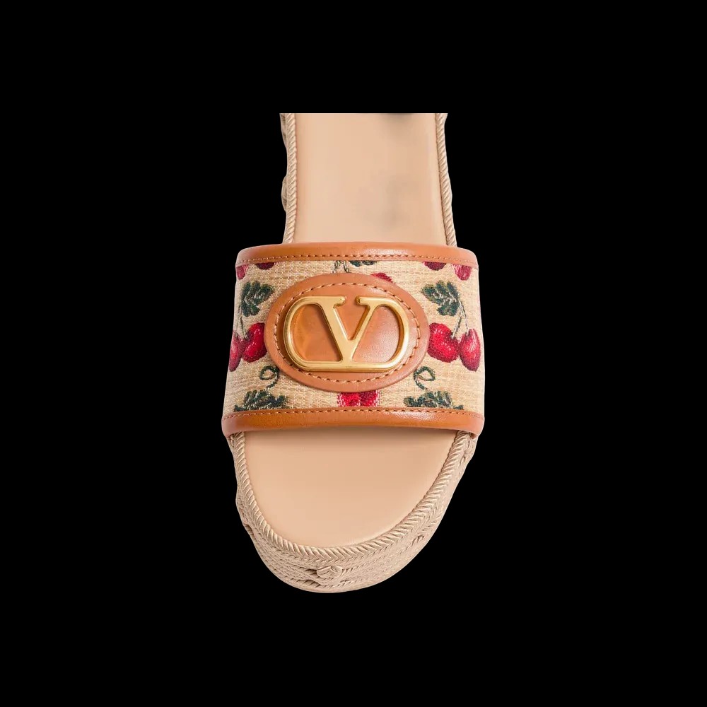 Valentino VLogo Signature Flatform Sandal In Jacquard Raffia With Cherryfic Motif 60mm Natural - HypeFly India View 2