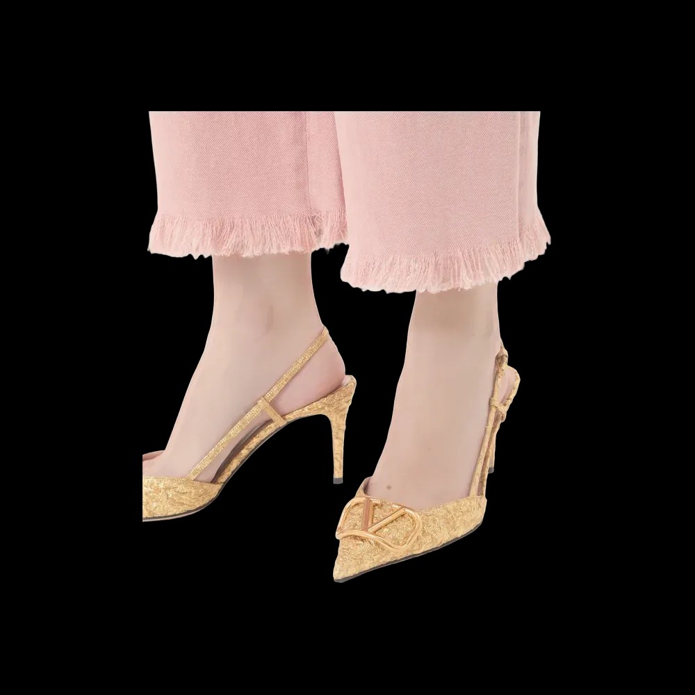 Valentino VLogo Signature Slingback Pumps In Cloqué Jacquard Fabric 80mm Gold - HypeFly India View 4