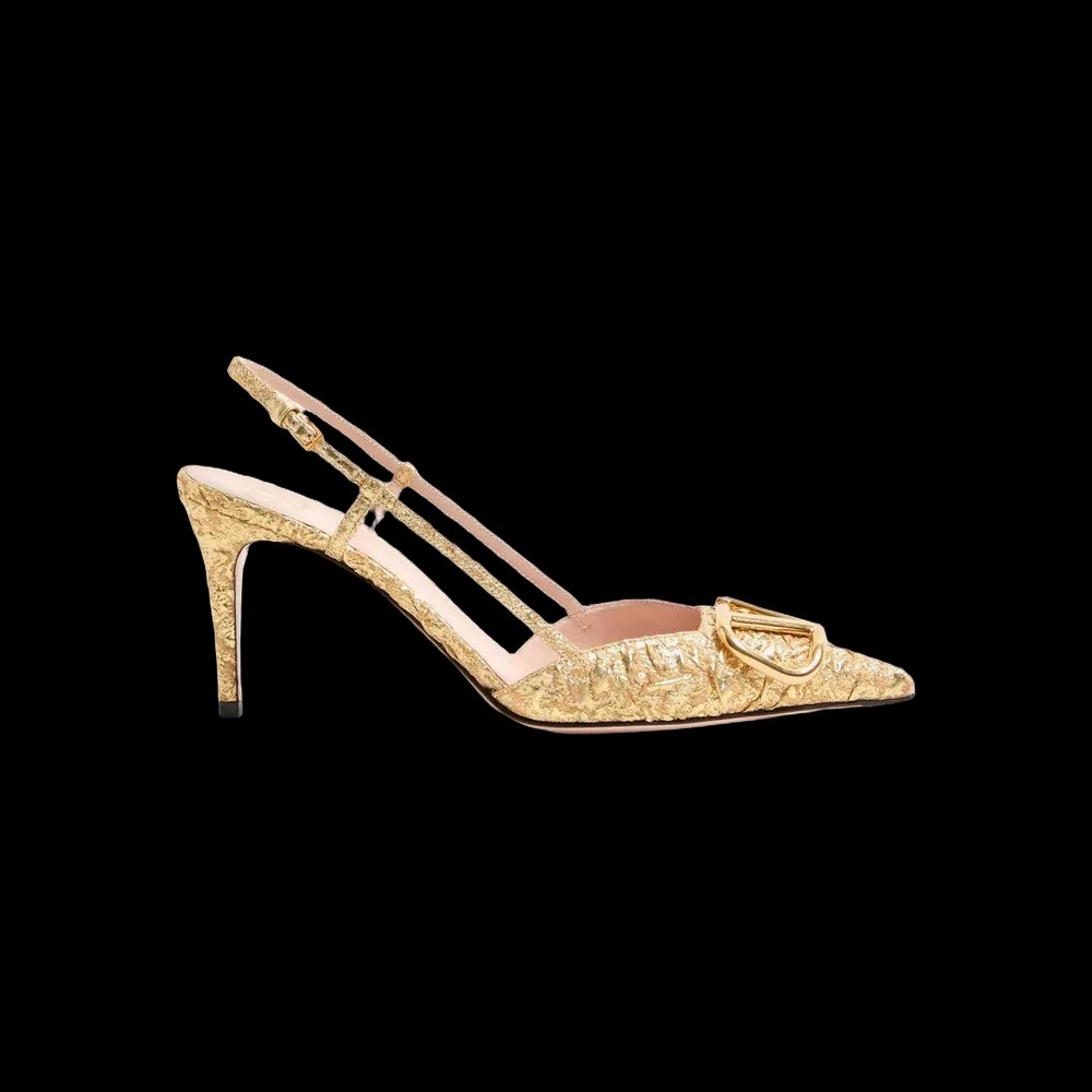 Valentino VLogo Signature Slingback Pumps In Cloqué Jacquard Fabric 80mm Gold - HypeFly India View 1