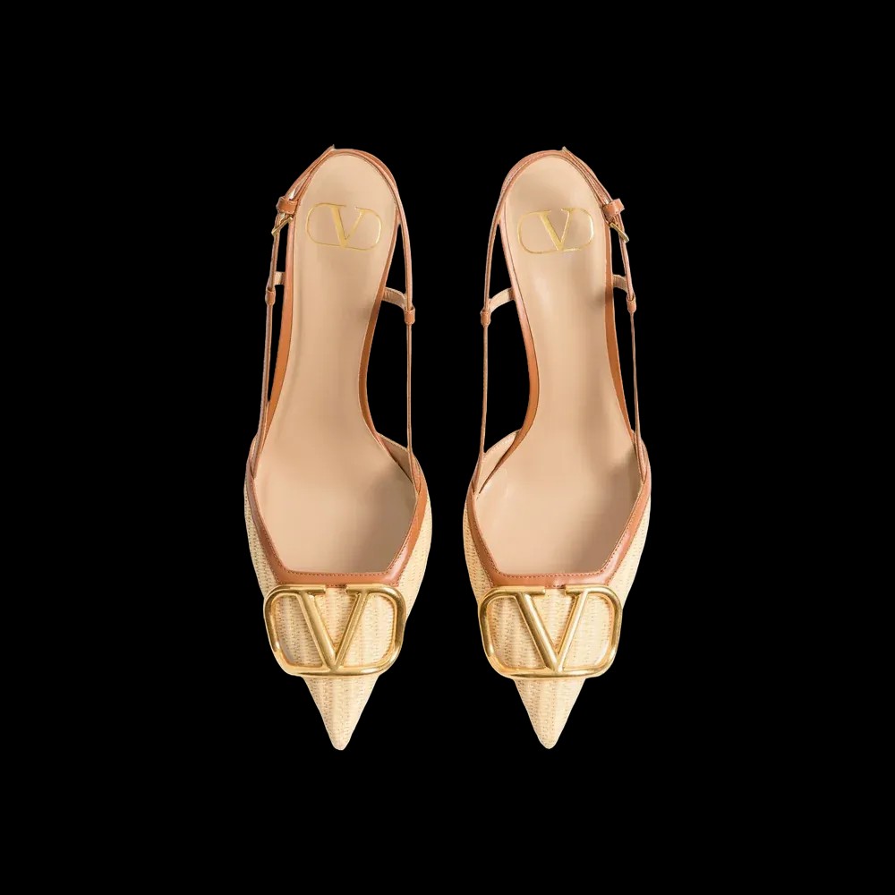 Valentino VLogo Signature Raffia Slingback Pumps 80mm Beige - HypeFly India View 2