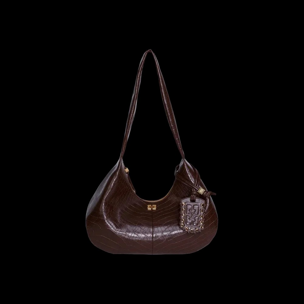 Ganni Brown Croco Medium Hobo Bag	 - HypeFly India View 1