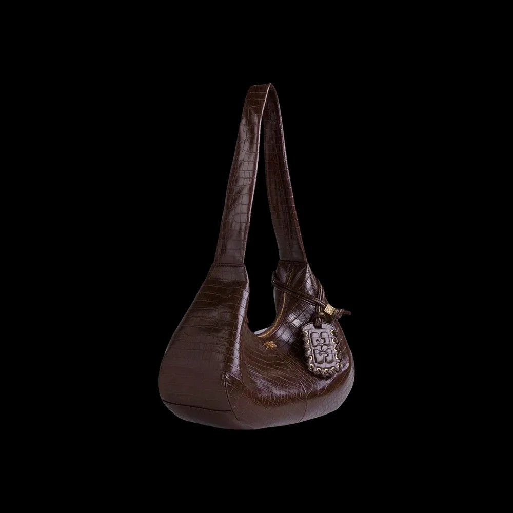 Ganni Brown Croco Medium Hobo Bag	 - HypeFly India View 2