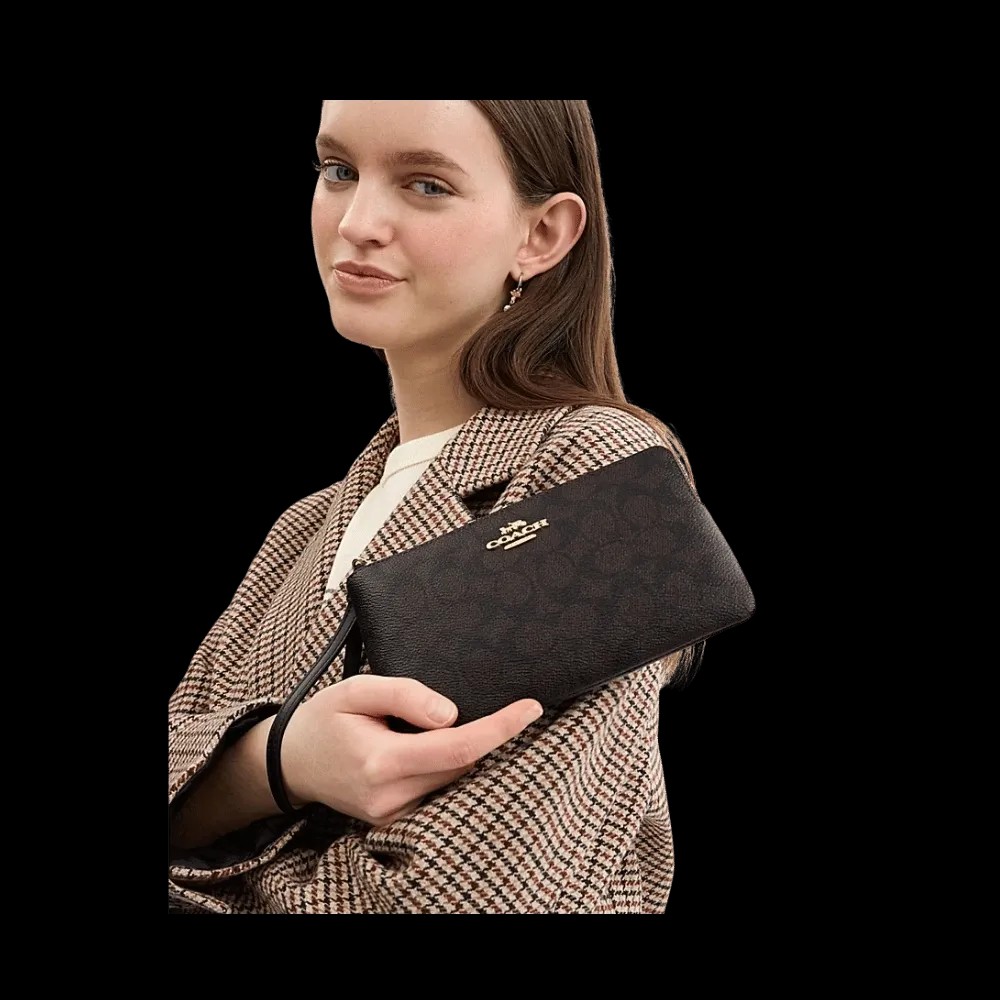 Coach Large Corner Zip Wristlet In SIgnature Canvas in Walnut Black  - HypeFly India View 2