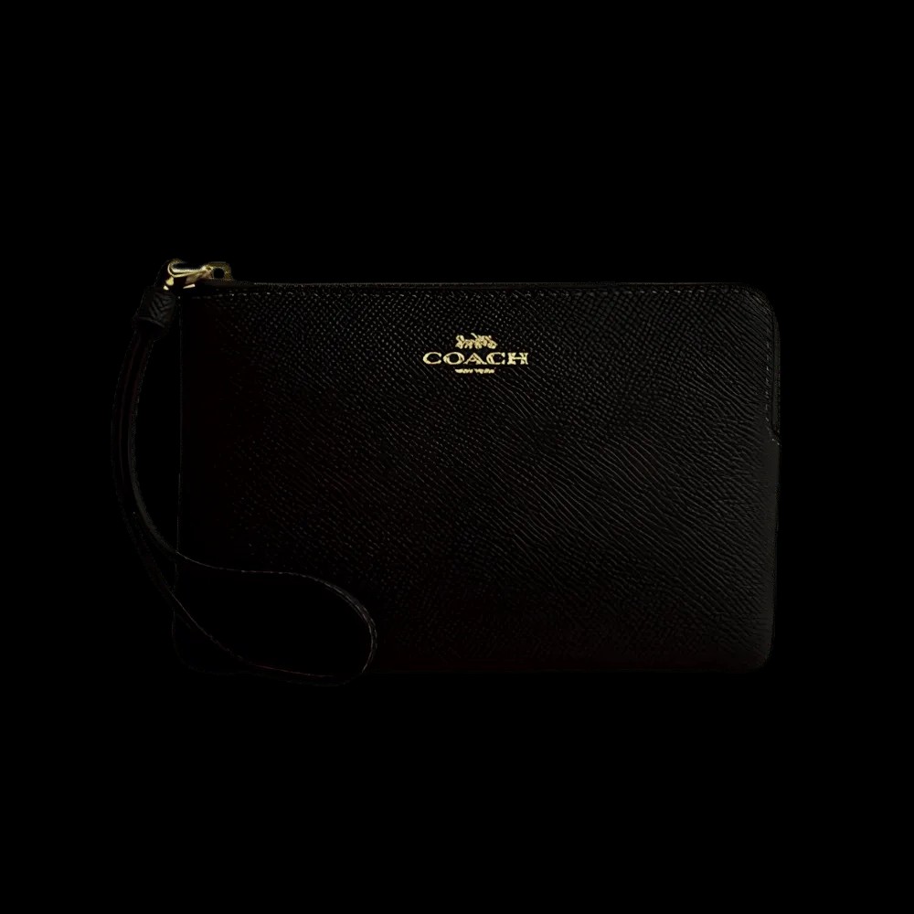 Coach Corner Zip Wristlet Crossgrain Leather-Gold-Black - HypeFly India View 1