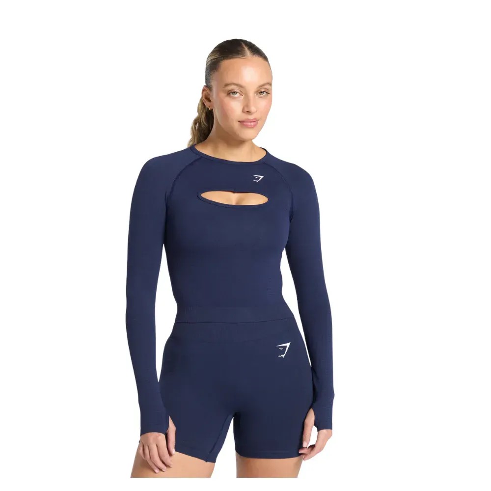 Gymshark Vital Long Sleeve Cut Out Top Heavy Blue/Marl - HypeFly India View 1