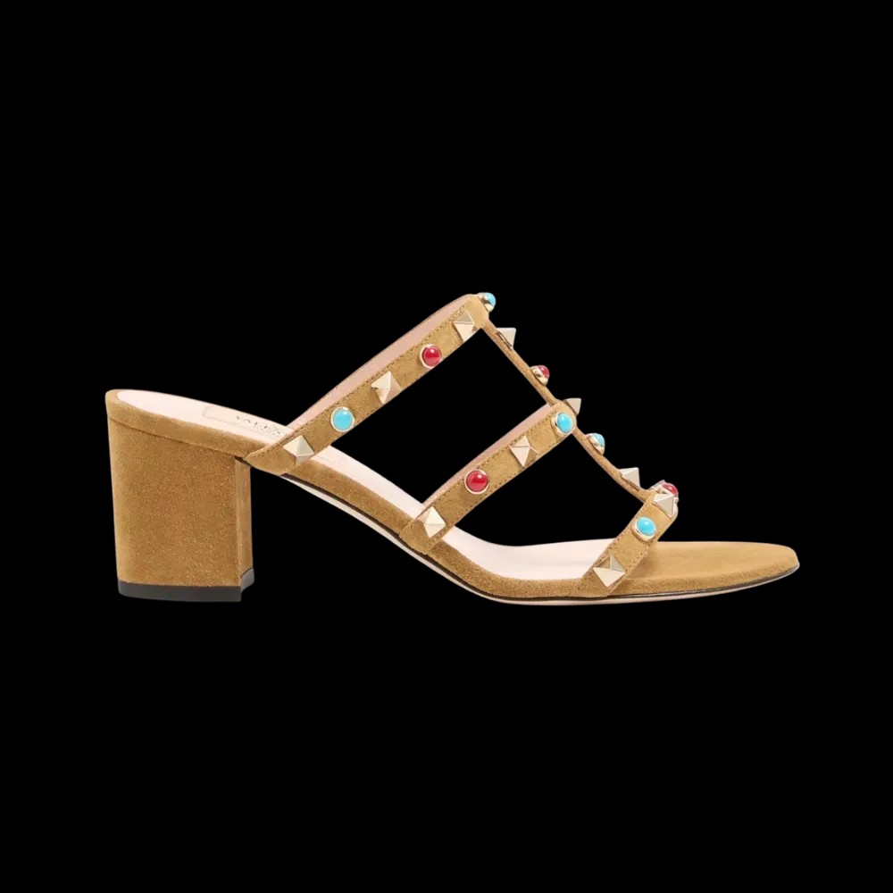 Valentino Rockstud Slide Sandal In Suede With Cabochon Stones 60mm Havana Beige - HypeFly India View 1