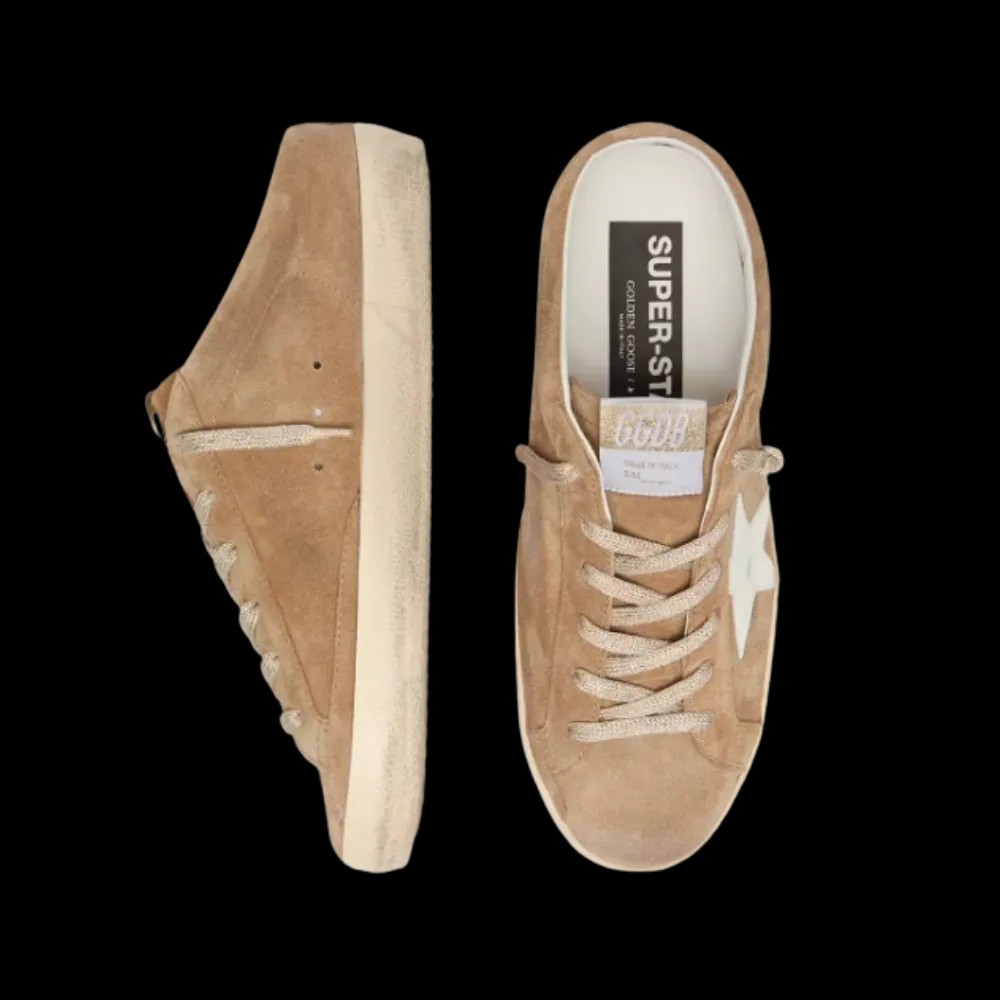 Golden Goose Super-Star Sabots In Tobacco Suede With White Leather Star - HypeFly India View 2