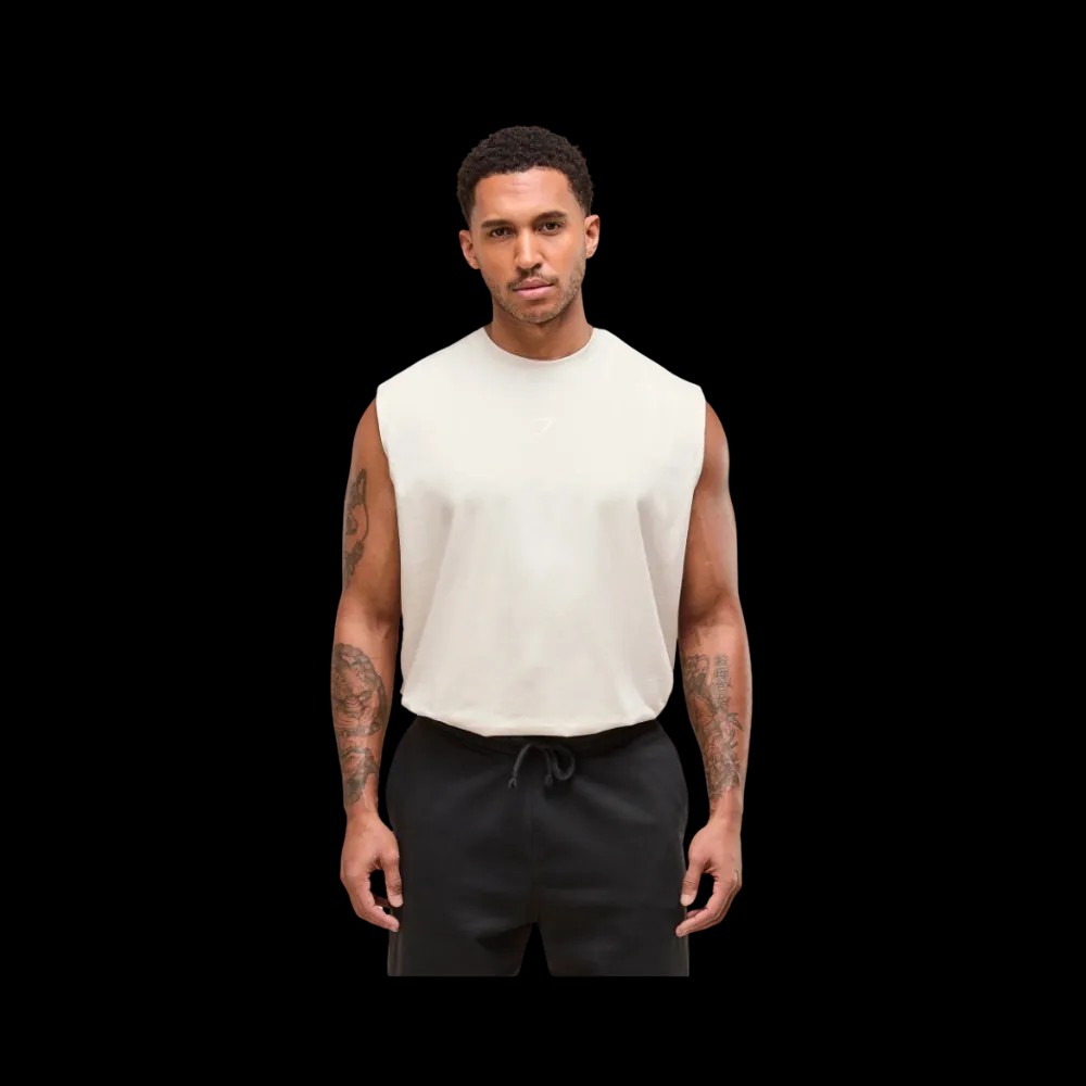 Gymshark Power Cut Off Tank Oversized Fit Oat White - HypeFly India View 1