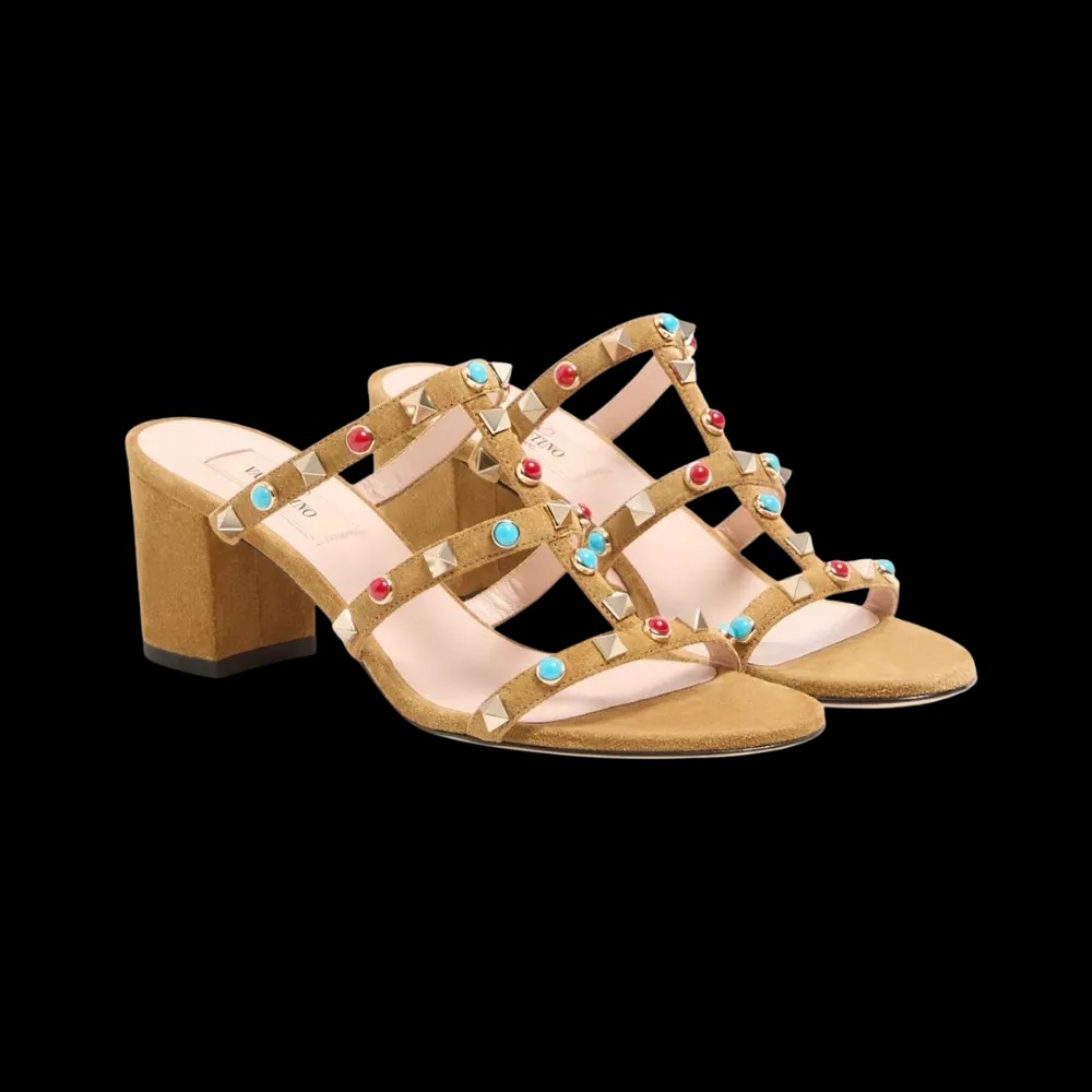 Valentino Rockstud Slide Sandal In Suede With Cabochon Stones 60mm Havana Beige - HypeFly India View 3