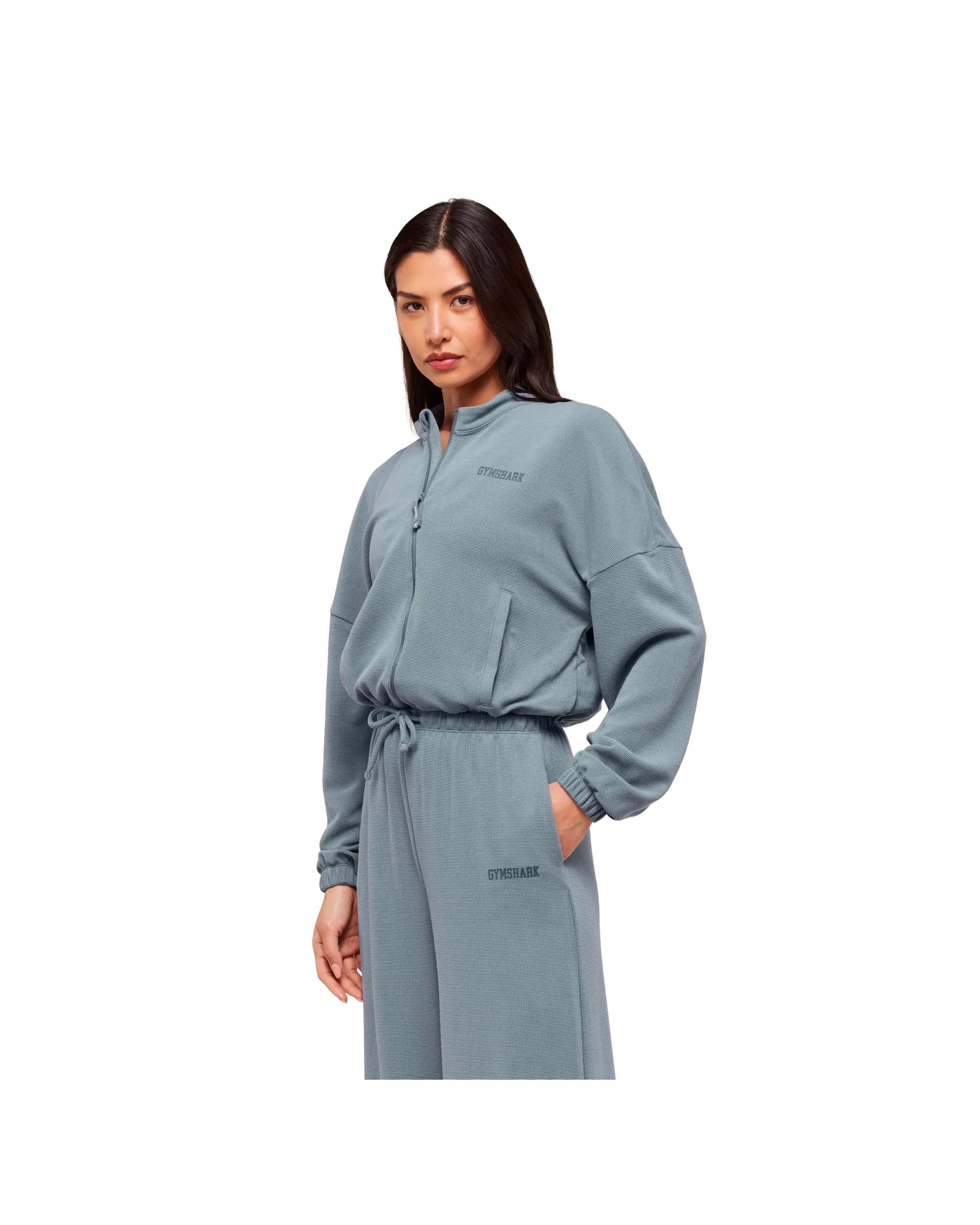 Gymshark Waffle Midi Zip Up Jacket Iron Blue - HypeFly India View 2