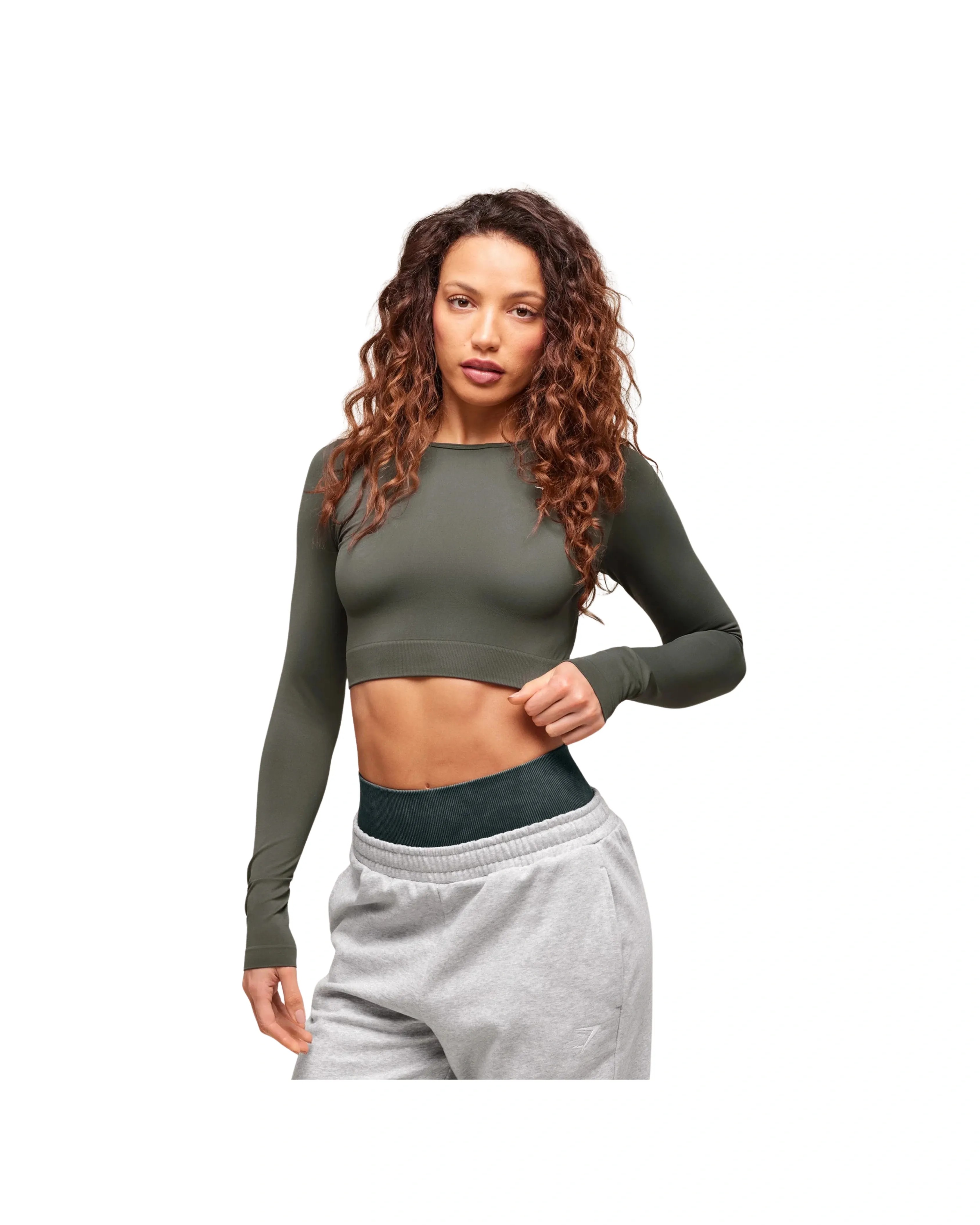 Gymshark Everyday Seamless Long Sleeve Crop Top Strength Green - HypeFly India View 2