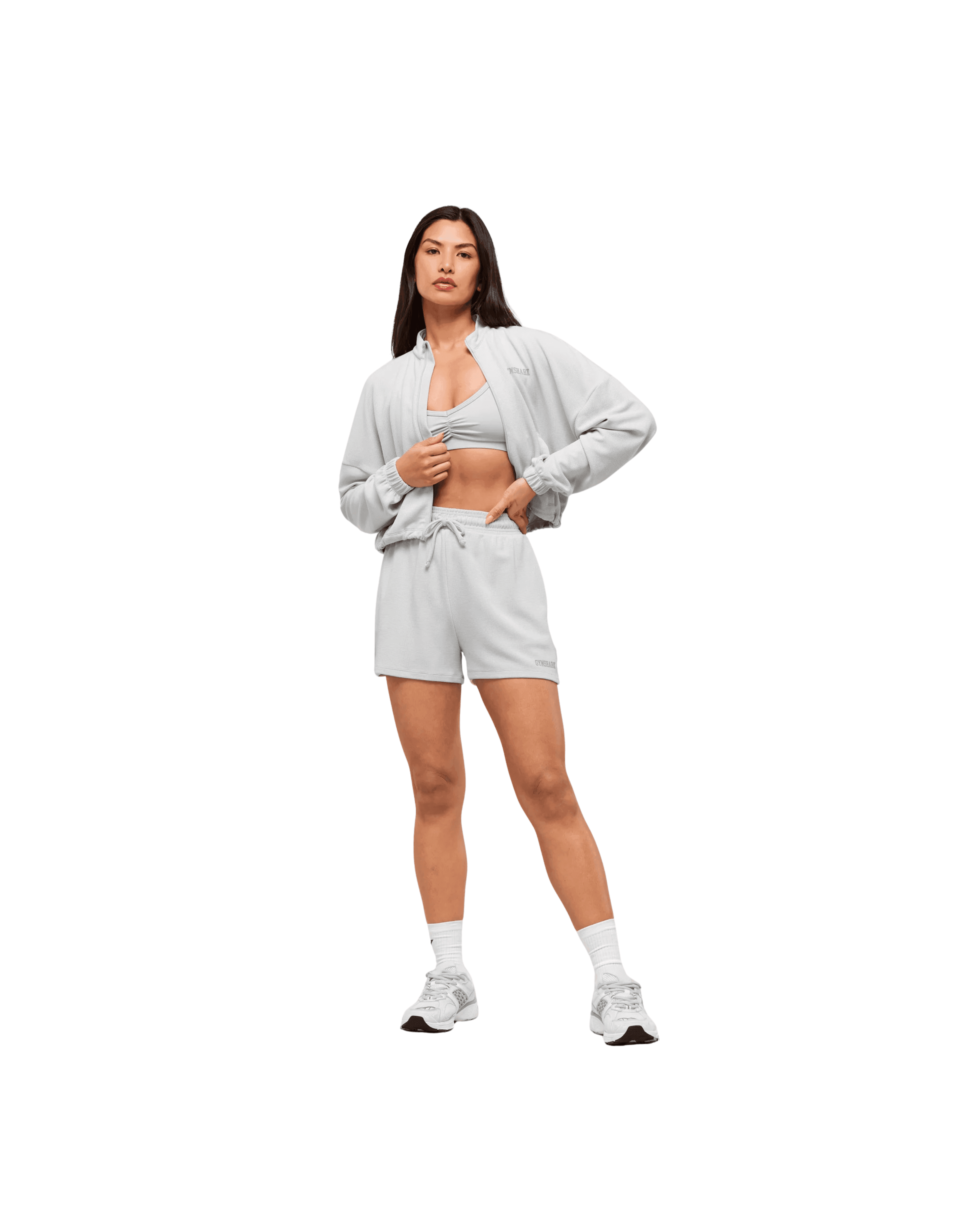 Gymshark Waffle Midi Zip Up Jacket Light Grey - HypeFly India View 3
