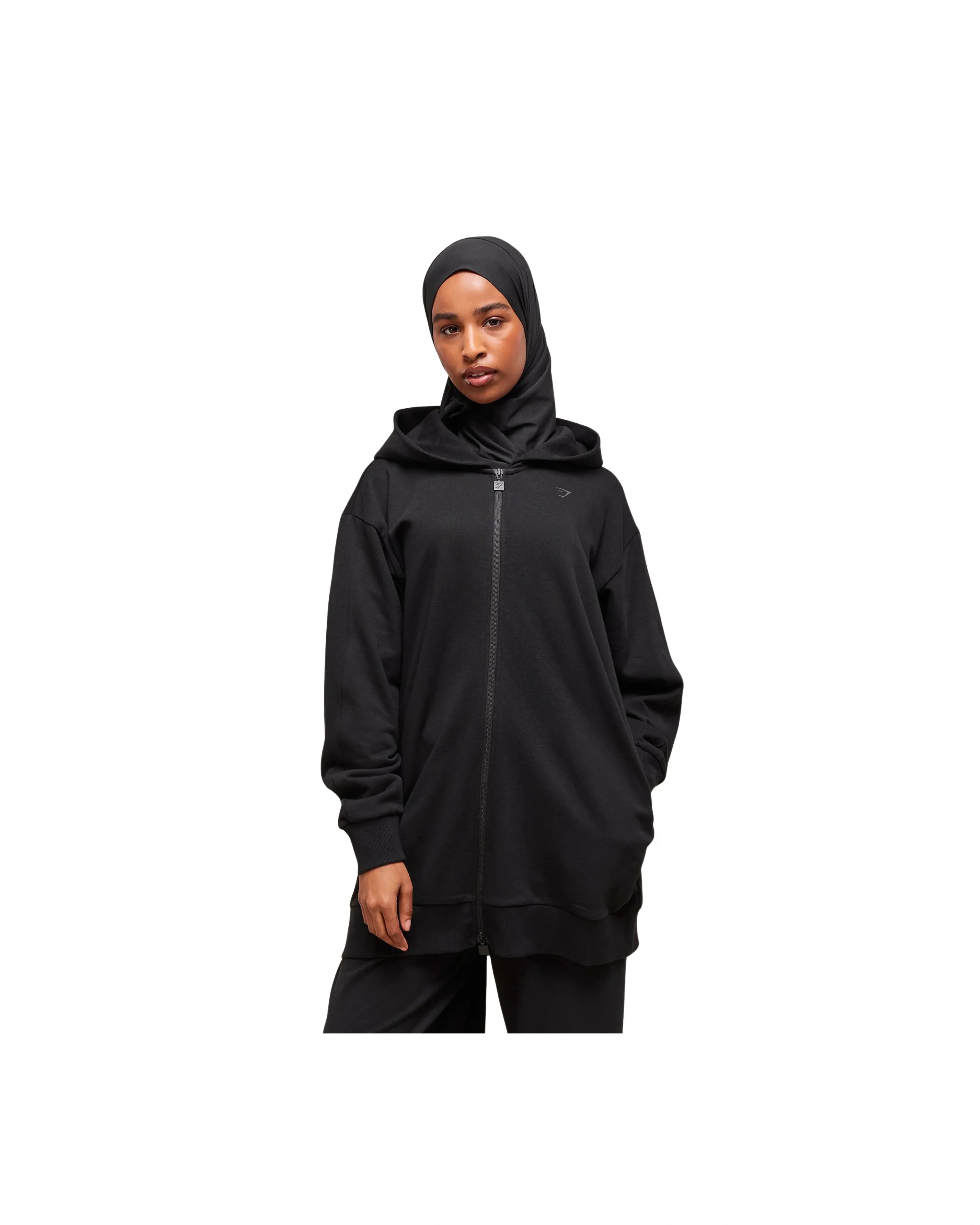 Gymshark Covered Longline Zip Up Hoodie oversized fit Black - HypeFly India View 3