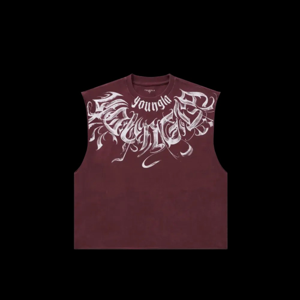 Young LA Scripted Cut-Off Burgundy Wash - HypeFly India View 1