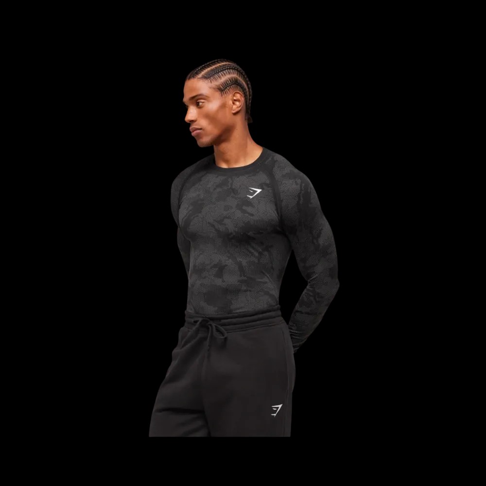 Gymshark Geo Seamless Long Sleeve T-Shirt Slim Fit Black - HypeFly India View 2