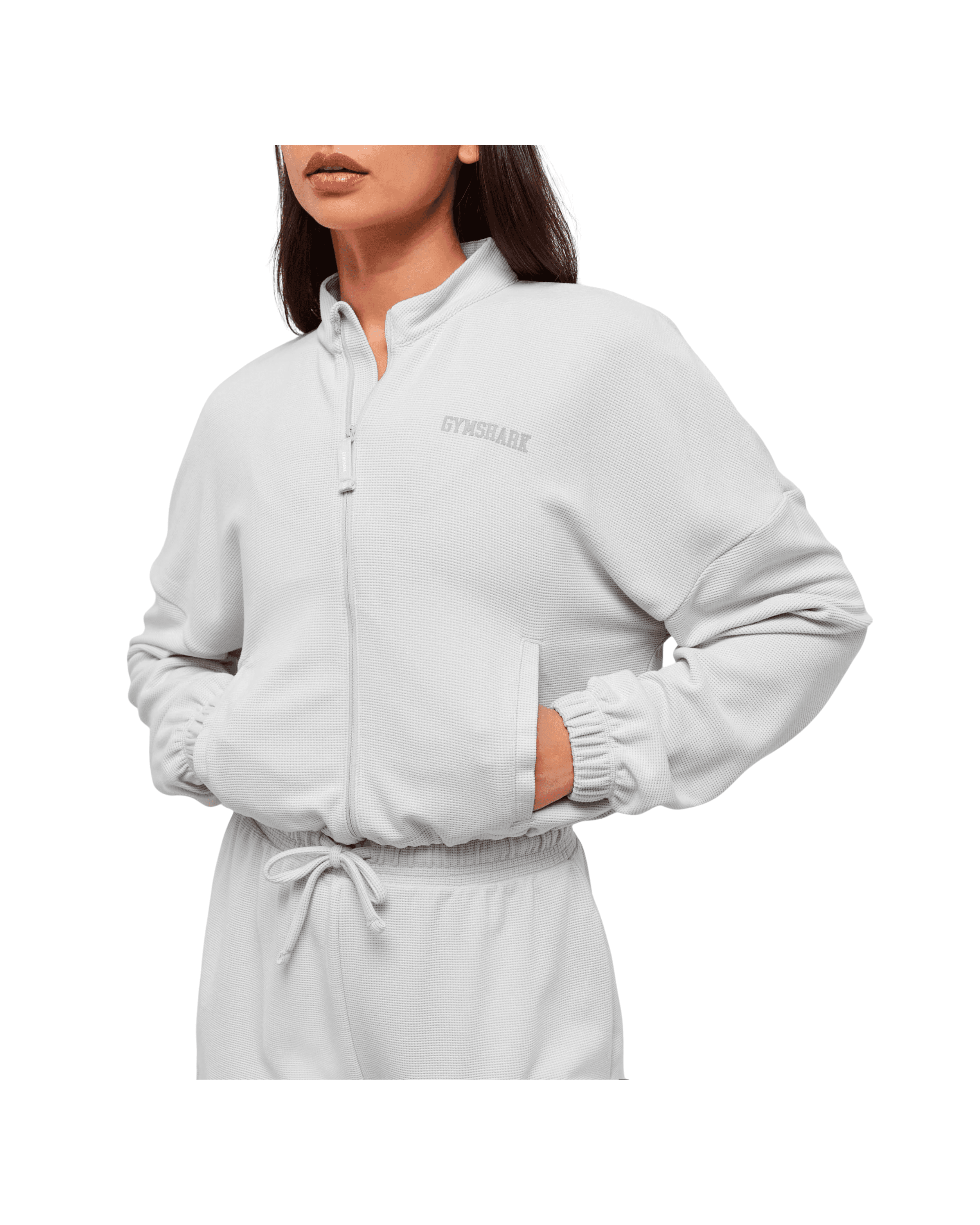 Gymshark Waffle Midi Zip Up Jacket Light Grey - HypeFly India View 4