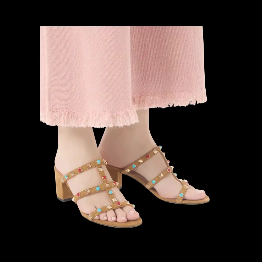 Valentino Rockstud Slide Sandal In Suede With Cabochon Stones 60mm Havana Beige - HypeFly India View 4