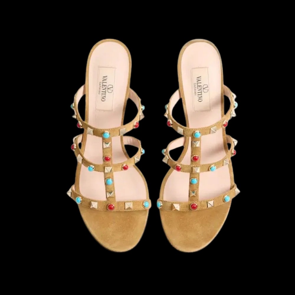Valentino Rockstud Slide Sandal In Suede With Cabochon Stones 60mm Havana Beige - HypeFly India View 2