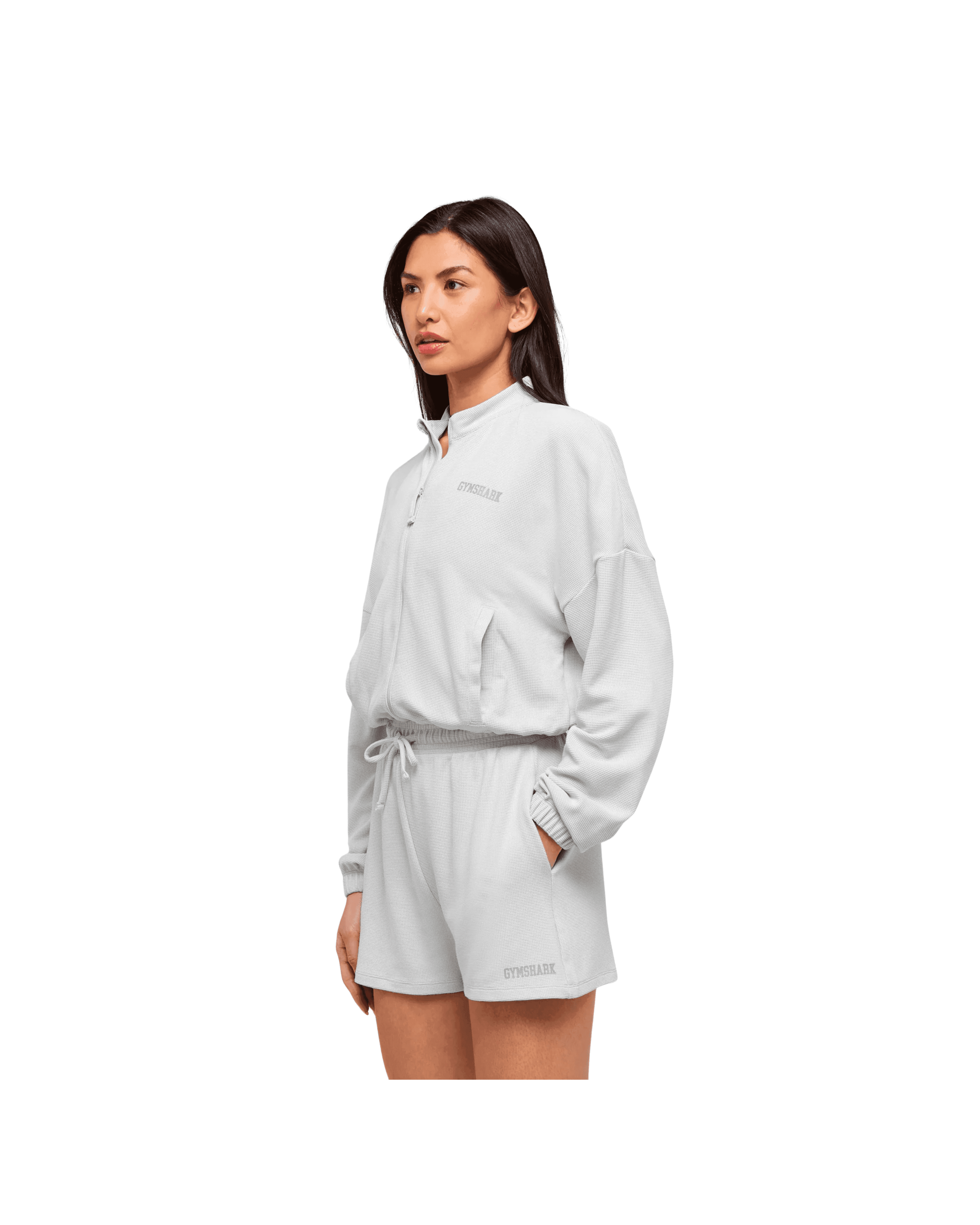 Gymshark Waffle Midi Zip Up Jacket Light Grey - HypeFly India View 5