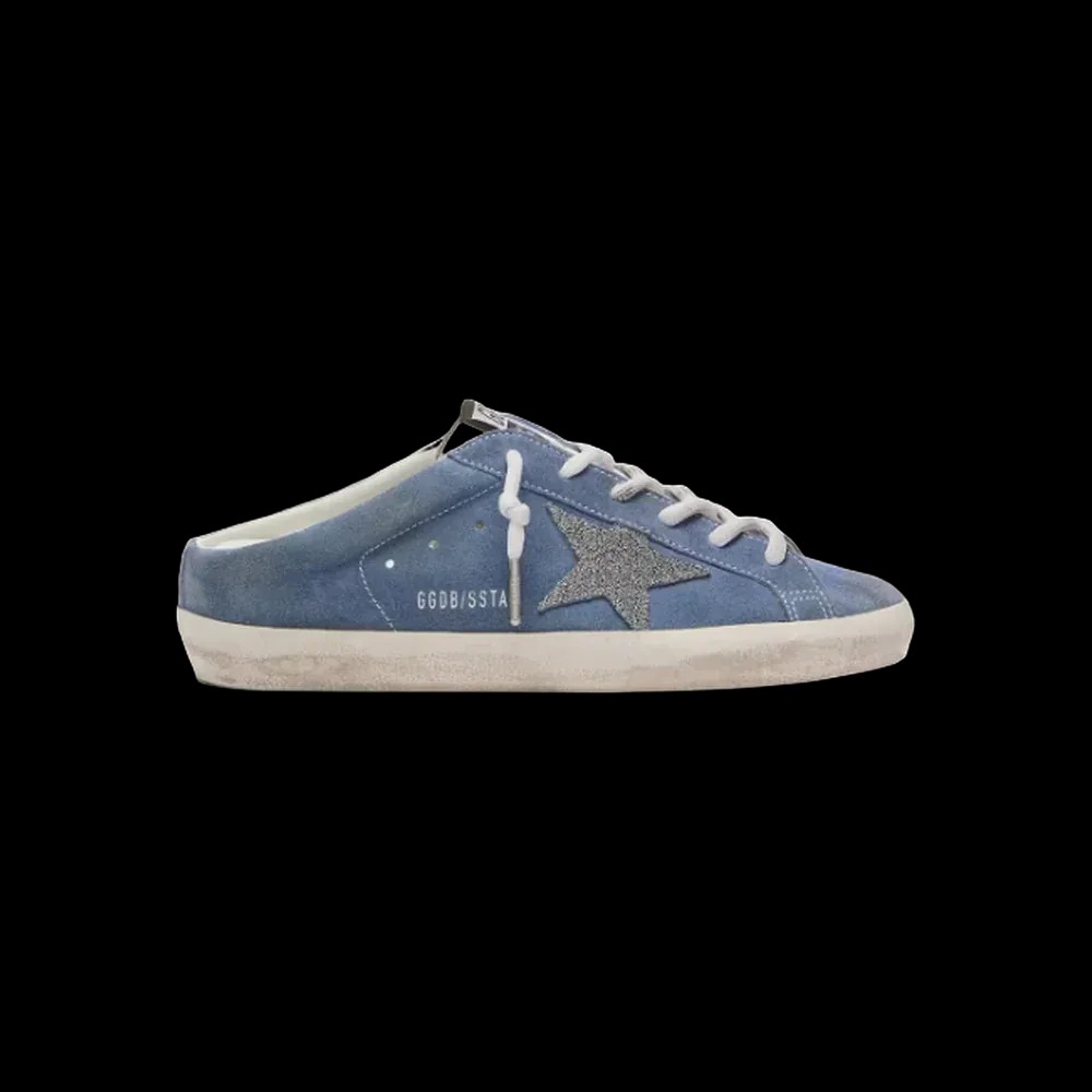 Golden Goose Super-Star Sabots In Denim-Blue Suede With Silver Glitter Star - HypeFly India View 1