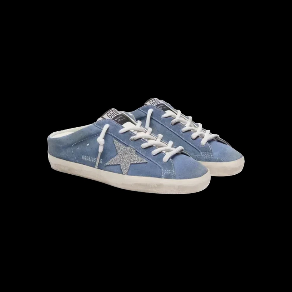 Golden Goose Super-Star Sabots In Denim-Blue Suede With Silver Glitter Star - HypeFly India View 2