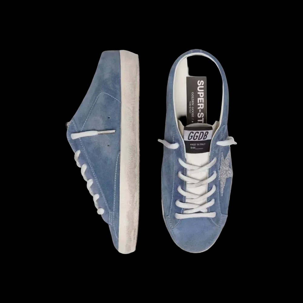 Golden Goose Super-Star Sabots In Denim-Blue Suede With Silver Glitter Star - HypeFly India View 3