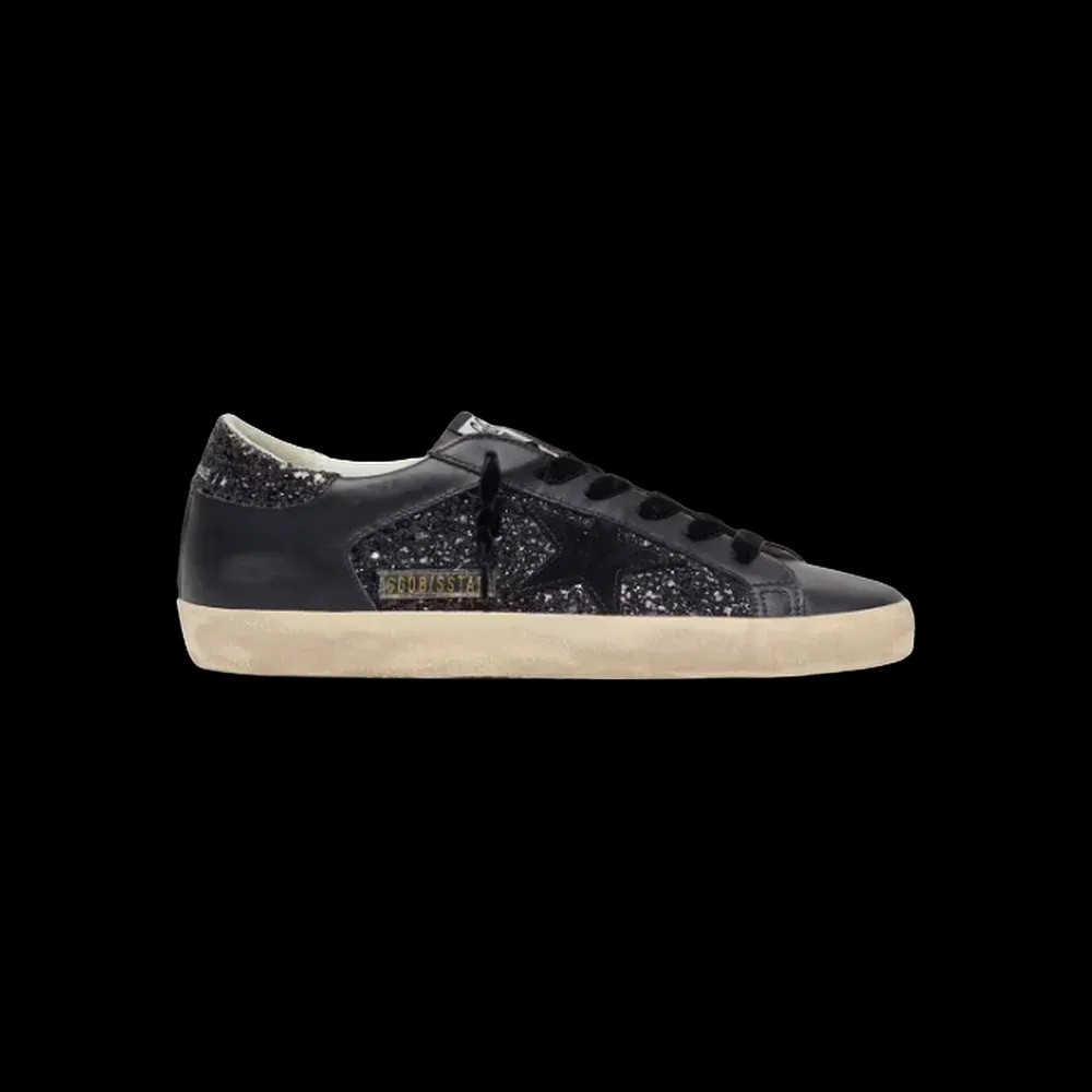 Golden Goose Super-Star In Black Glitter With Black Suede Star And Leather Inserts - HypeFly India View 1
