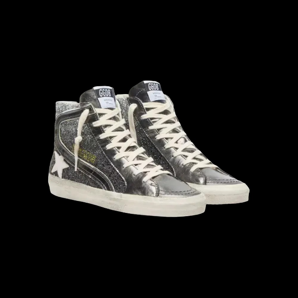 Golden Goose Slide In Black And Silver Glitter With Leather Star And Metallic Flash - HypeFly India View 2