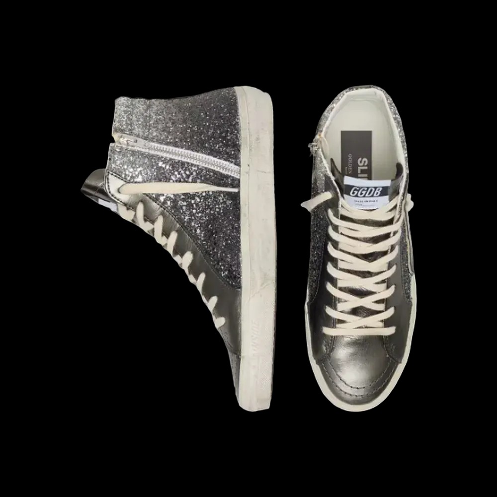 Golden Goose Slide In Black And Silver Glitter With Leather Star And Metallic Flash - HypeFly India View 3