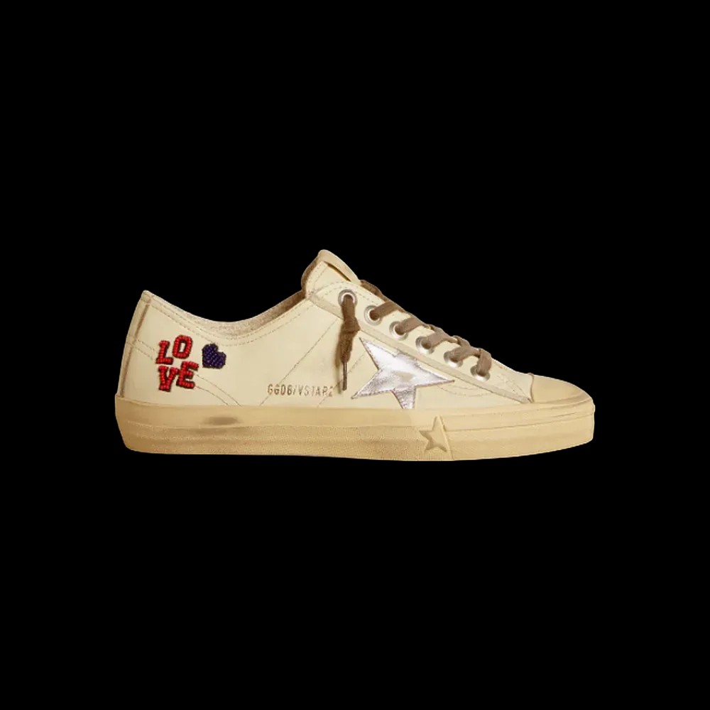 Golden Goose V-Star In Ecru Nappa With Silver Nappa Star And Beaded Embroidery - HypeFly India View 1