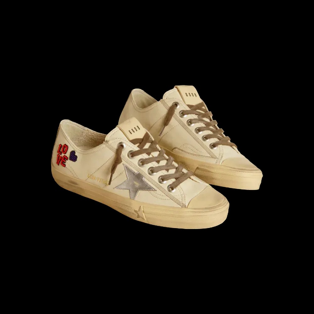 Golden Goose V-Star In Ecru Nappa With Silver Nappa Star And Beaded Embroidery - HypeFly India View 3