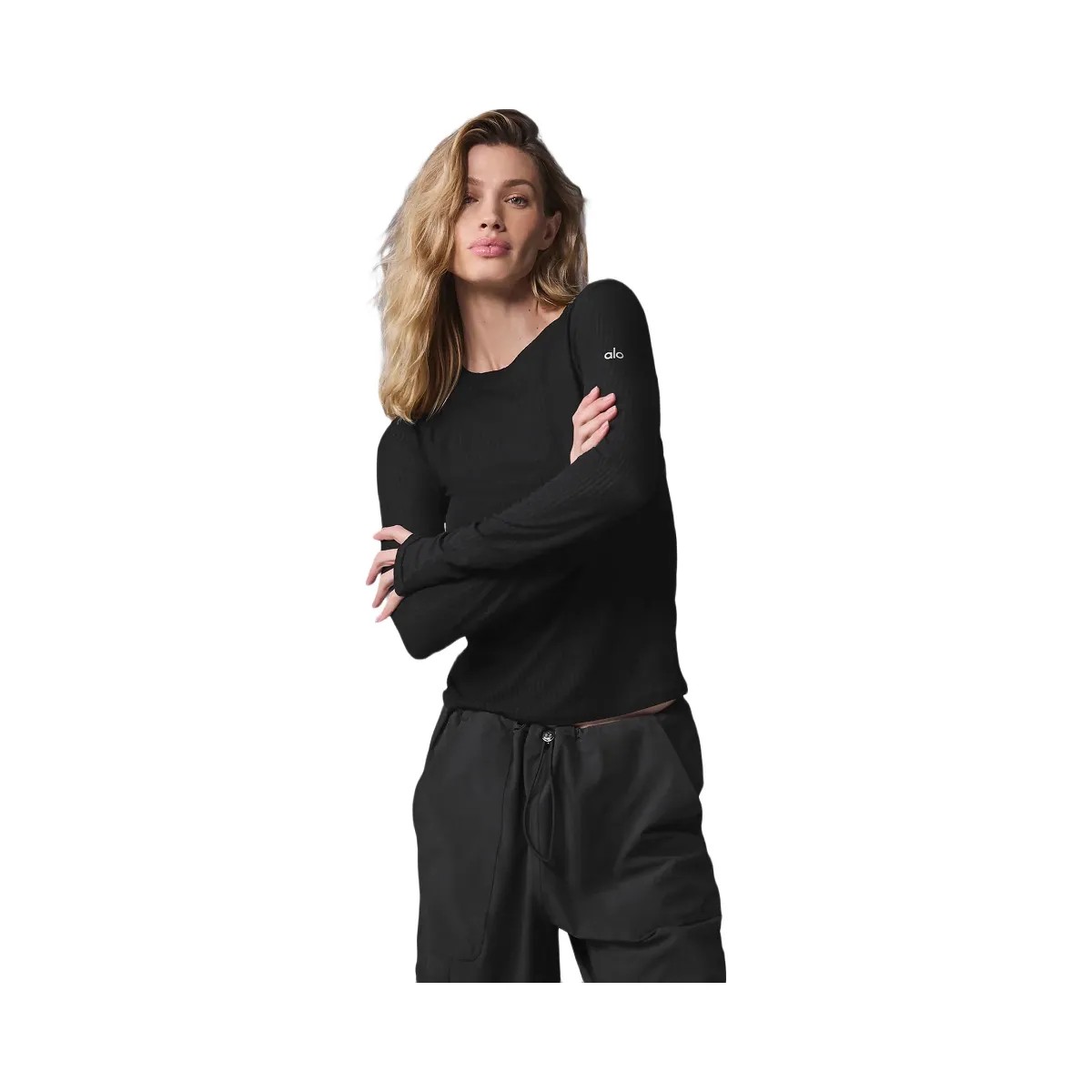 Alo Women's Ribbed Sea Coast Long Sleeve - Black - HypeFly India View 4