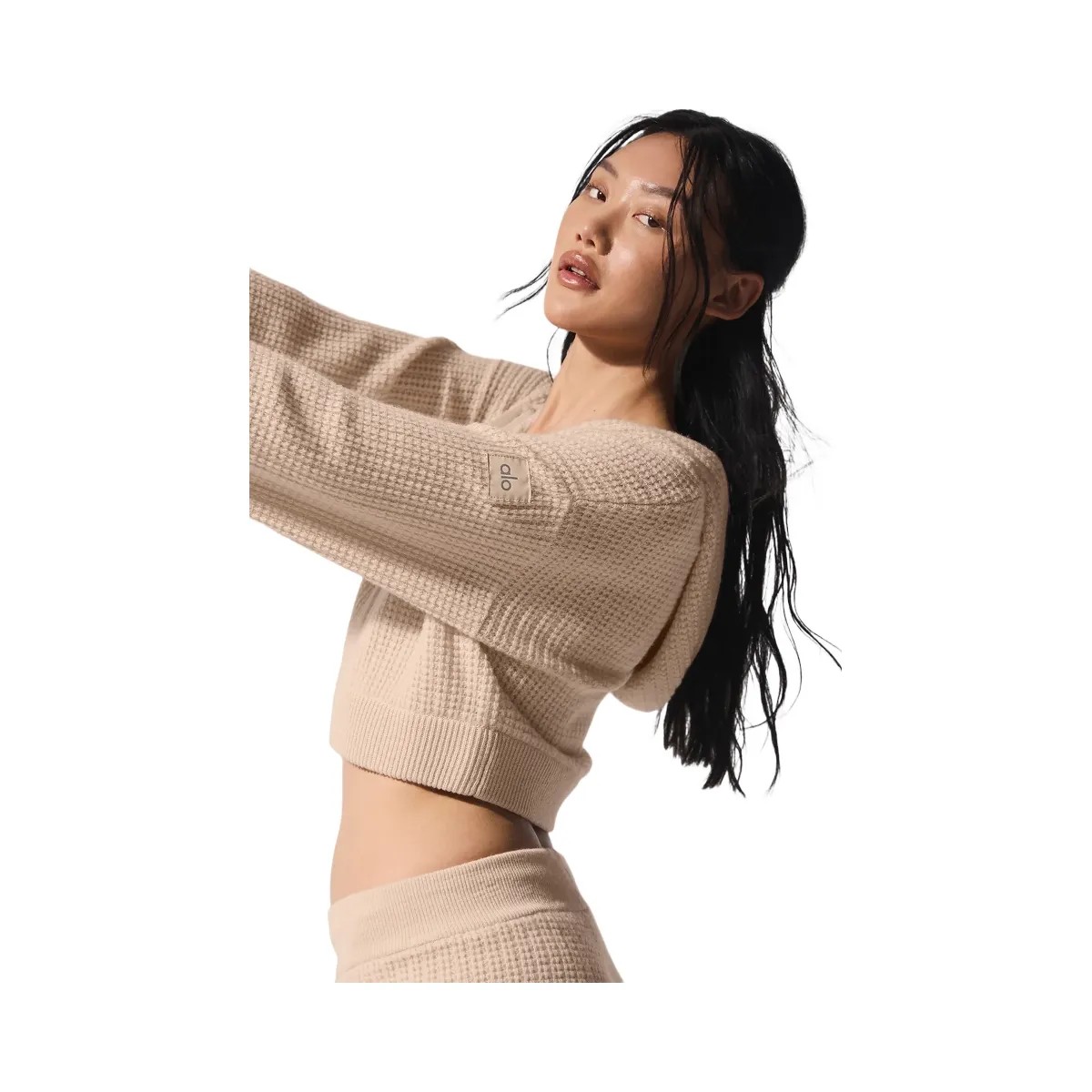 Alo Women's Cashmere Plush Waffle Full Zip Hoodie - Macadamia Blush - HypeFly India View 2