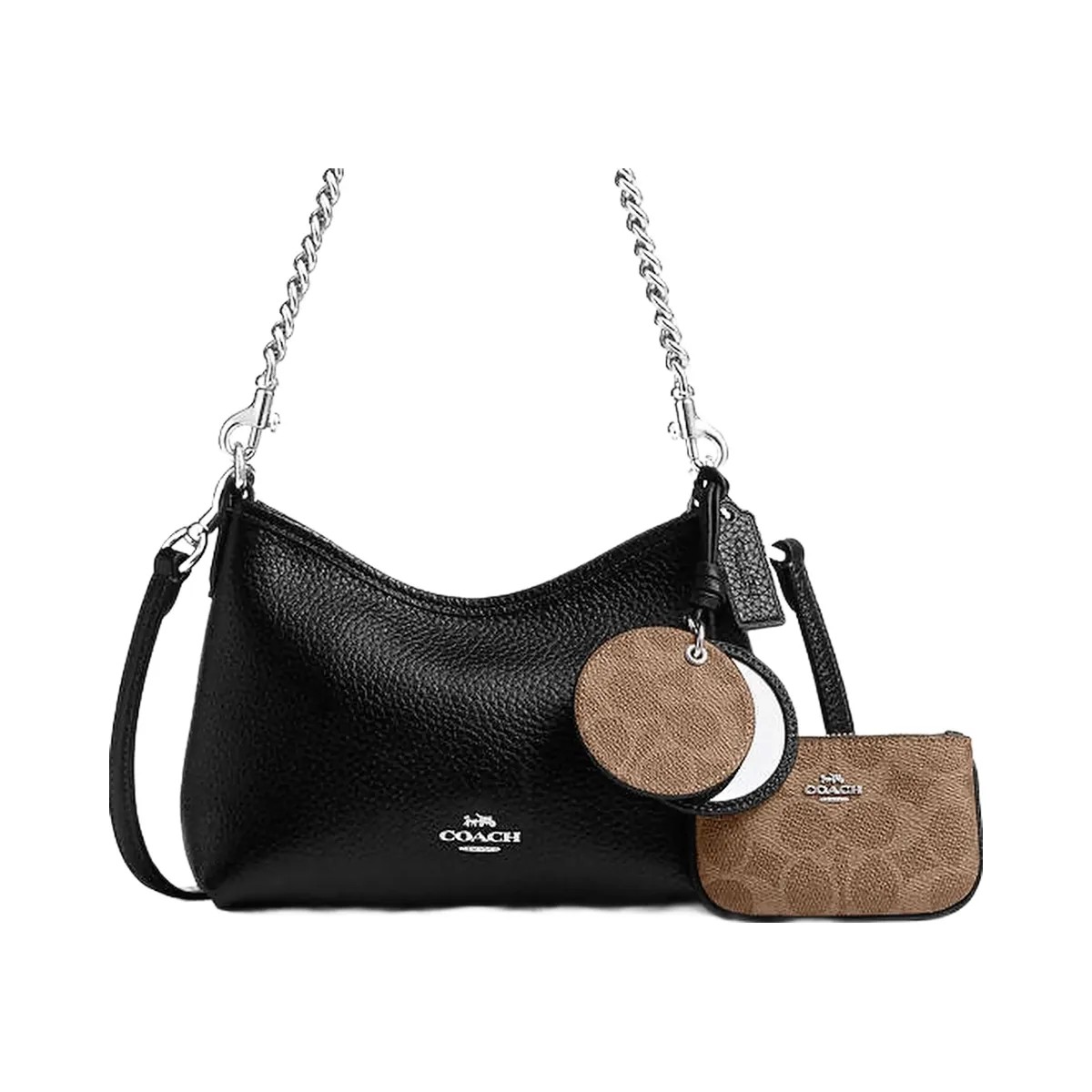 Coach Laurel Small Shoulder Bag With Mirror Charm And Pouch Pebbled Leather-Sv-Black-Tan - HypeFly India View 1