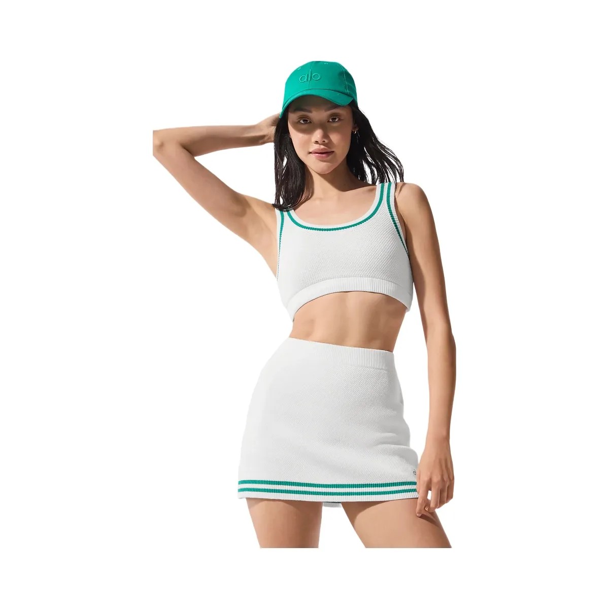 Alo Women's Tennis Club Sweater Knit Bra - White/Spruce Green - HypeFly India View 4