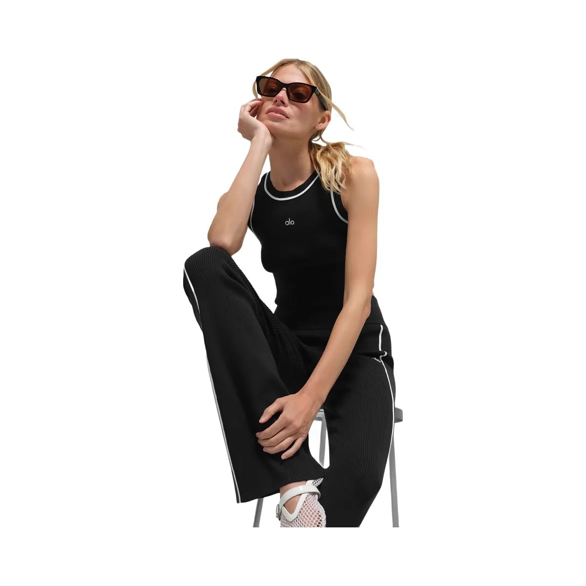 Alo Women's Ribbed Sweater Knit Highline Flare Pant - Black/White - HypeFly India View 5