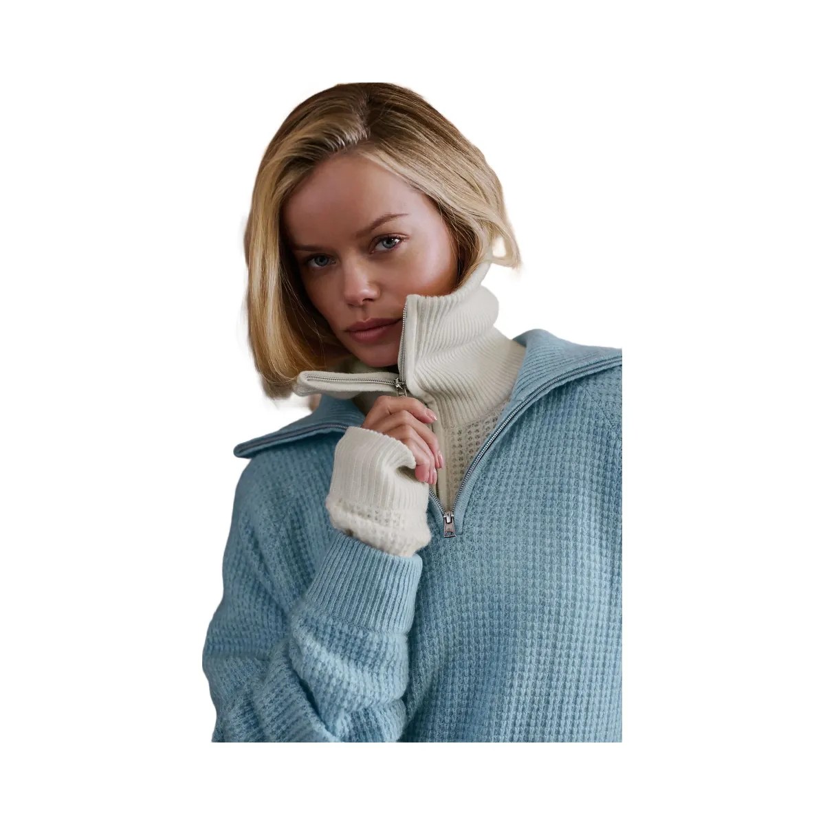 Alo Women's Cashmere Plush Waffle 1/4 Zip Pullover - Celestial Blue Heather - HypeFly India View 6