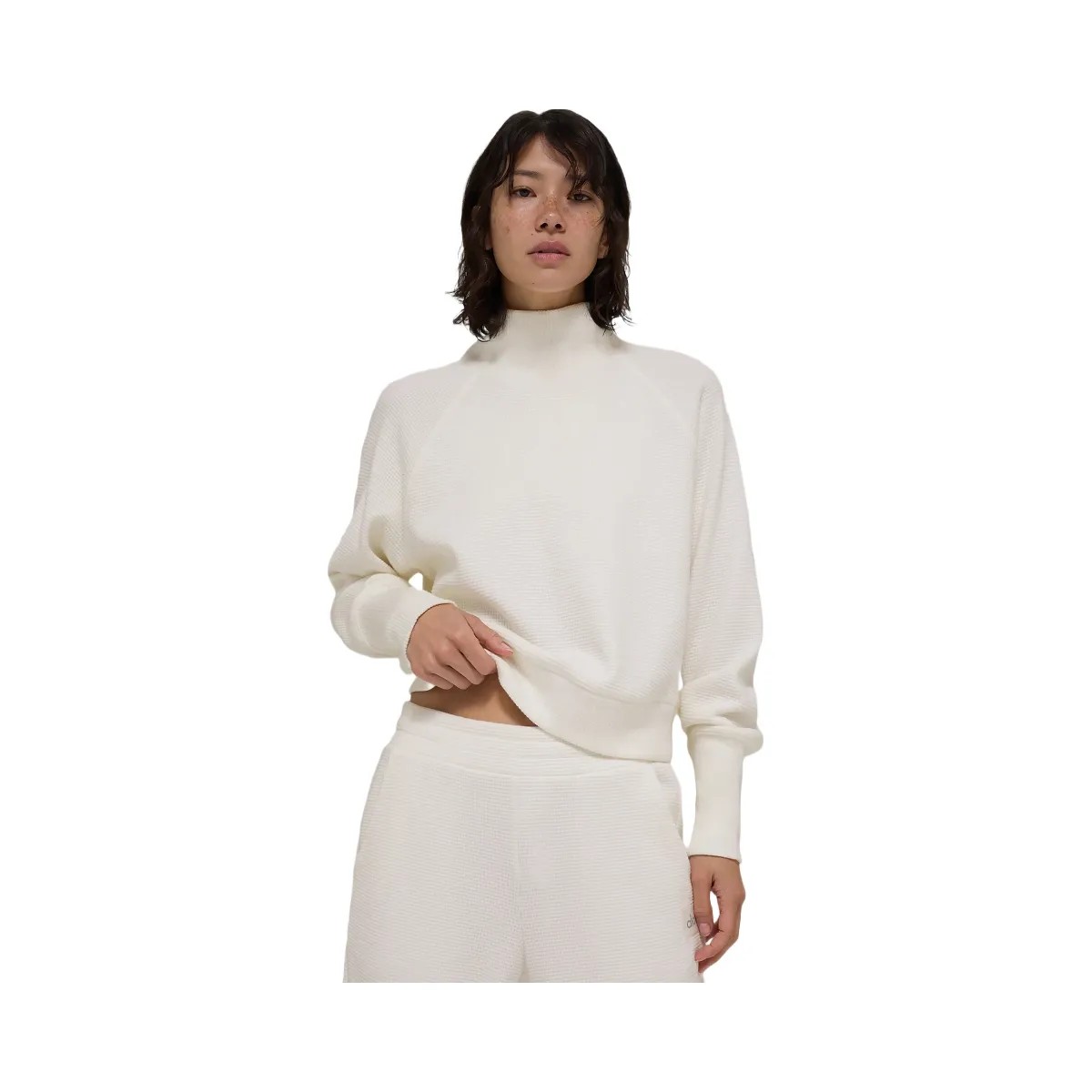 Alo Women's Waffle Weekend Escape Mock Neck Long Sleeve - Ivory - HypeFly India View 1