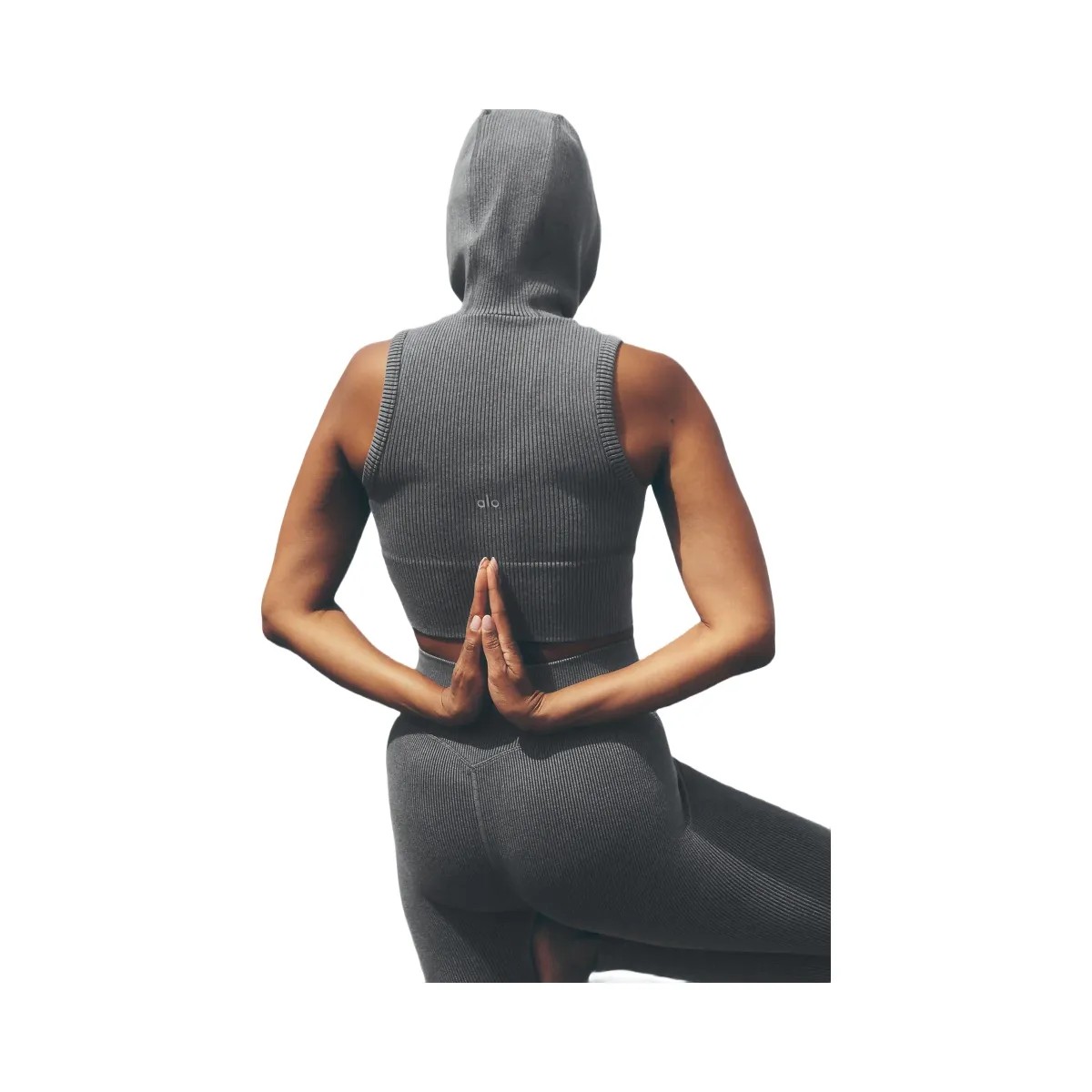 Alo Women's Seamless Two Tone Rib Hooded Vest - Dark Misty Grey Heather - HypeFly India View 6