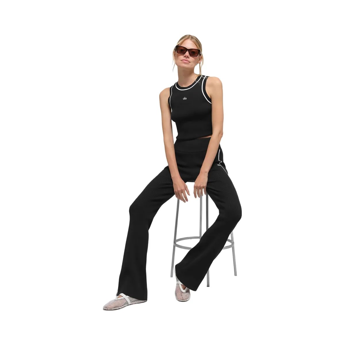 Alo Women's Ribbed Sweater Knit Highline Flare Pant - Black/White - HypeFly India View 4