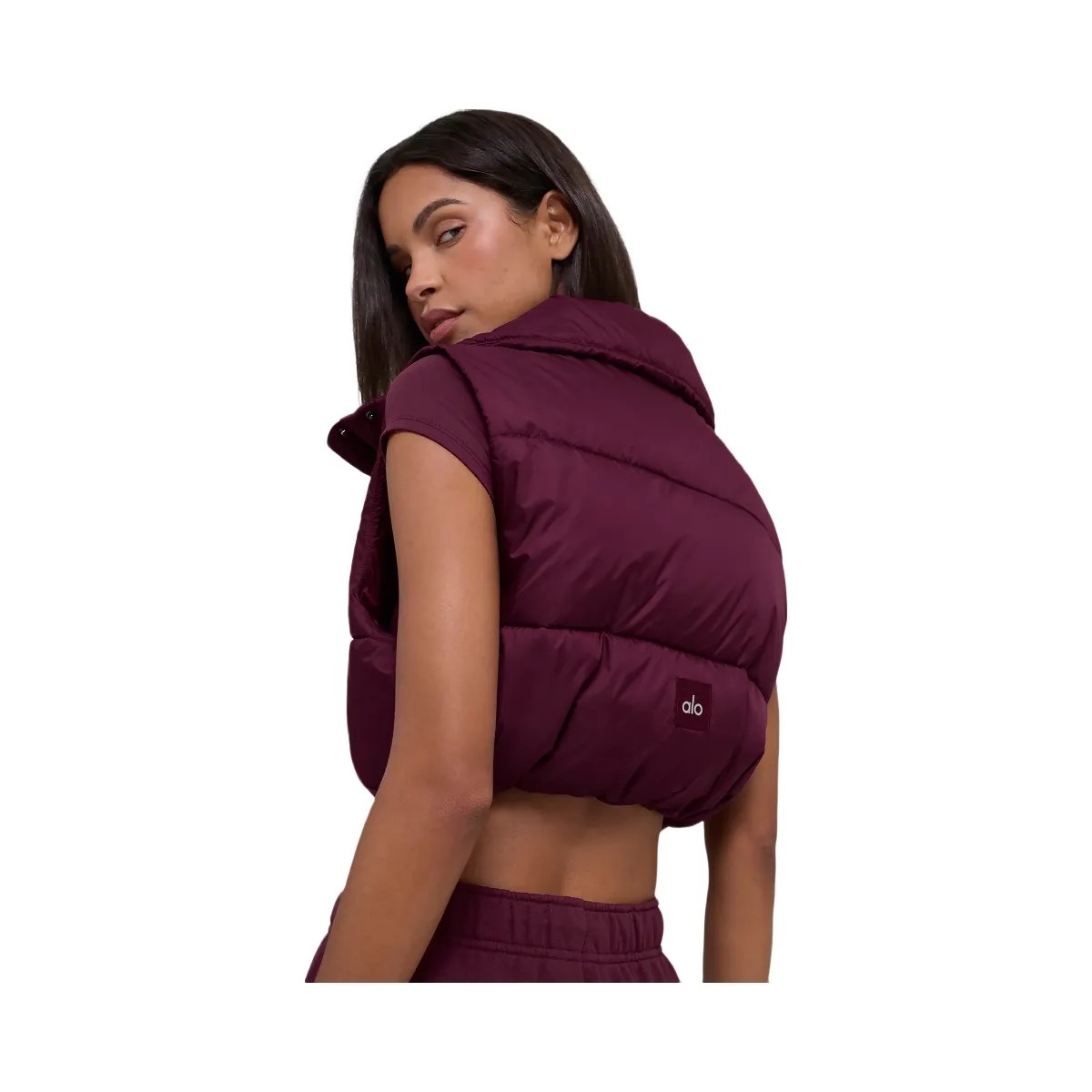 Alo Women's Cropped Gold Rush Puffer Vest - Burgundy - HypeFly India View 2
