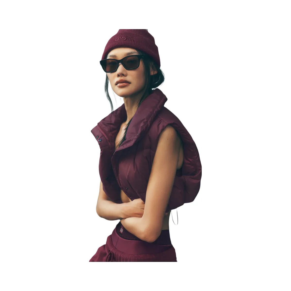 Alo Women's Cropped Gold Rush Puffer Vest - Burgundy - HypeFly India View 6