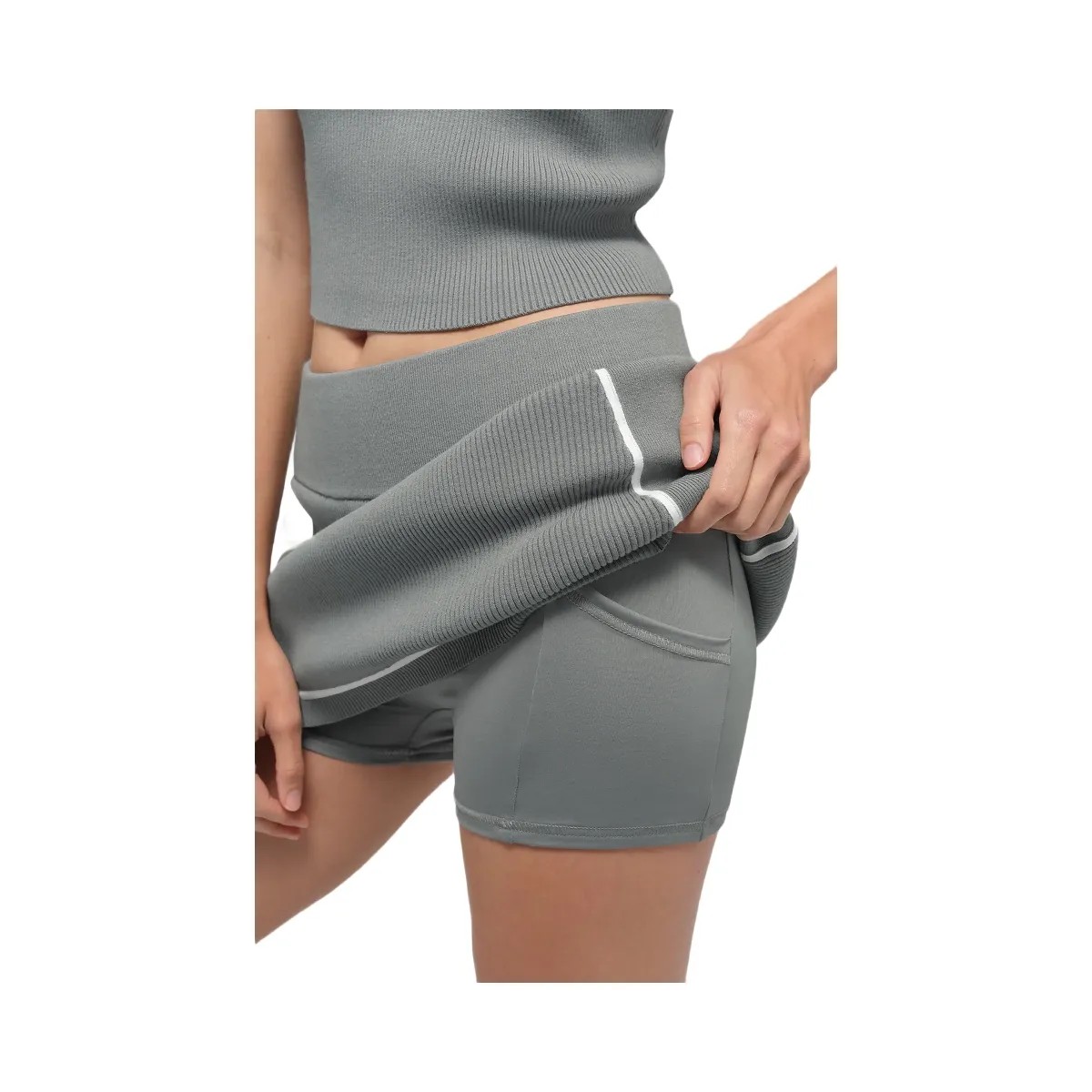 Alo Women's Ribbed Sweater Knit Highline Mini Skirt - Lunar Grey/White - HypeFly India View 2