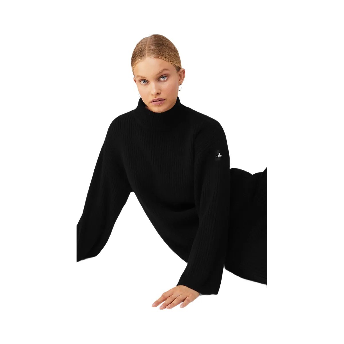 Alo Women's Cashmere Ribbed Winter Dream Mock Neck Coverup - Black - HypeFly India View 5